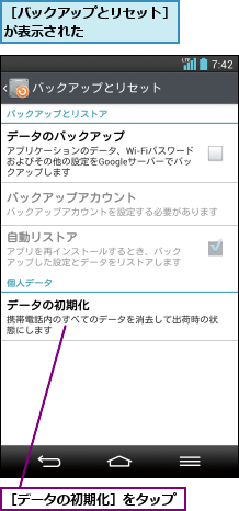 ［データの初期化］をタップ,［バックアップとリセット］が表示された      