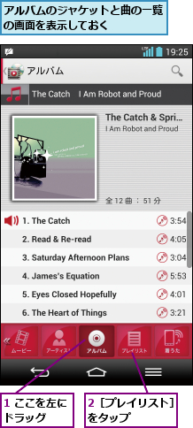 1 ここを左にドラッグ  ,2［プレイリスト］をタップ    ,アルバムのジャケットと曲の一覧の画面を表示しておく     