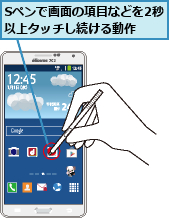 Sペンで画面の項目などを2秒以上タッチし続ける動作