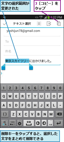 3［コピー］をタップ    ,削除キーをタップすると、選択した文字をまとめて削除できる    ,文字の選択範囲が変更された  