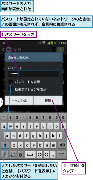 1 パスワードを入力,パスワードが設定されていないネットワークのときは、この画面が表示されず、自動的に接続される    ,パスワードの入力画面が表示された,入力したパスワードを確認したいときは、［パスワードを表示］にチェックを付ける,２［接続］をタップ  