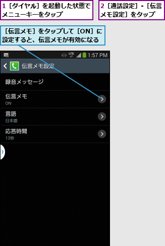 1［ダイヤル］を起動した状態でメニューキーをタップ    ,2［通話設定］-［伝言メモ設定］をタップ  ,［伝言メモ］をタップして［ON］に設定すると、伝言メモが有効になる