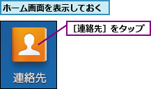 ホーム画面を表示しておく,［連絡先］をタップ