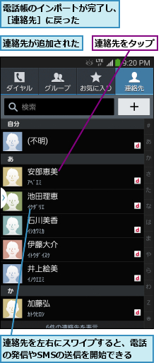 連絡先が追加された,連絡先をタップ,連絡先を左右にスワイプすると、電話の発信やSMSの送信を開始できる,電話帳のインポートが完了し、［連絡先］に戻った    