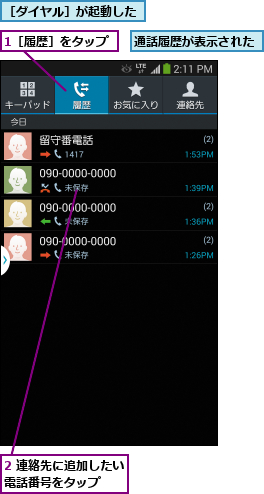 1［履歴］をタップ,2 連絡先に追加したい電話番号をタップ  ,通話履歴が表示された,［ダイヤル］が起動した