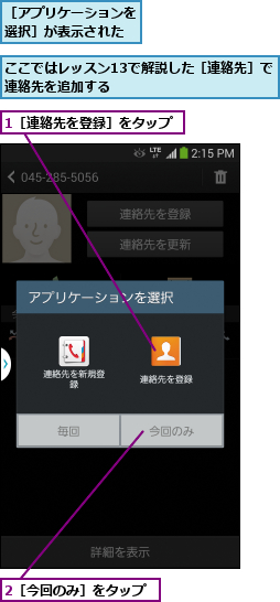 1［連絡先を登録］をタップ,2［今回のみ］をタップ,ここではレッスン13で解説した［連絡先］で連絡先を追加する          ,［アプリケーションを選択］が表示された