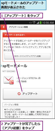 1［アップデート］をタップ,2 アップデートが完了したら［アプリ起動］をタップ  ,spモードメールのアップデート画面が表示された    