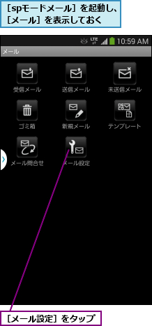 ［spモードメール］を起動し、［メール］を表示しておく,［メール設定］をタップ