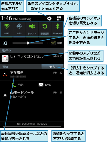 ここを左右にドラッグすると、画面の明るさを変更できる,各機能のオン／オフを切り替えられる,歯車のアイコンをタップすると、［設定］を表示できる    ,着信履歴や新着メールなどの通知が表示される    ,起動中のアプリなどの情報が表示される,通知をタップするとアプリが起動する,通知パネルが表示された,［消去］をタップすると、通知が消去される