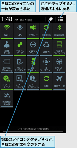 ここをタップすると、通知パネルに戻る  ,各機能のアイコンの一覧が表示された,鉛筆のアイコンをタップすると、各機能の配置を変更できる  