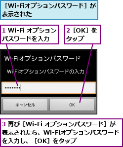 1 Wi-Fi オプションパスワードを入力,2［OK］をタップ,3 再び［Wi-Fi オプションパスワード］が表示されたら、Wi-Fiオプションパスワード を入力し、［OK］をタップ,［Wi-Fiオプションパスワード］が表示された        