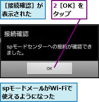 2［OK］をタップ,spモードメールがWi-Fiで使えるようになった  ,［接続確認］が表示された  