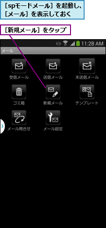 ［spモードメール］を起動し、［メール］を表示しておく,［新規メール］をタップ