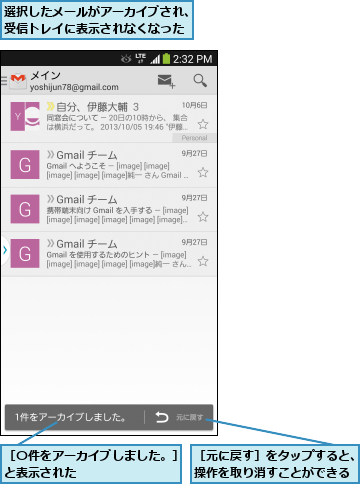 選択したメールがアーカイブされ、受信トレイに表示されなくなった,［〇件をアーカイブしました。］と表示された        ,［元に戻す］をタップすると、操作を取り消すことができる