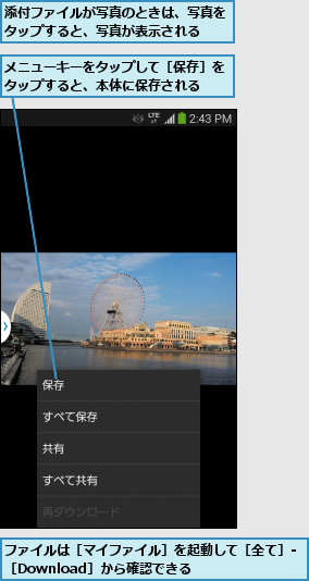 ファイルは［マイファイル］を起動して［全て］-［Download］から確認できる      ,メニューキーをタップして［保存］をタップすると、本体に保存される  ,添付ファイルが写真のときは、写真をタップすると、写真が表示される  