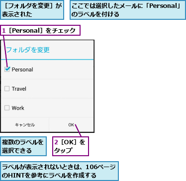 1［Personal］をチェック,2［OK］をタップ,ここでは選択したメールに「Personal」のラベルを付ける        ,ラベルが表示されないときは、106ページのHINTを参考にラベルを作成する,複数のラベルを選択できる  ,［フォルダを変更］が表示された    