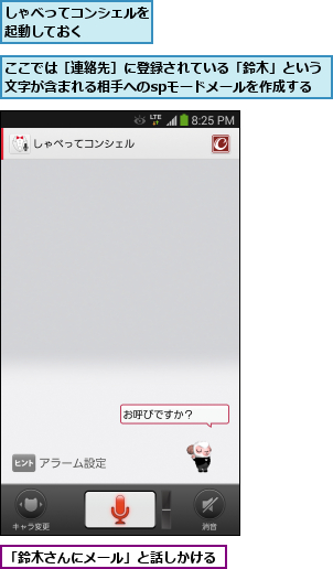 「鈴木さんにメール」と話しかける,ここでは［連絡先］に登録されている「鈴木」という文字が含まれる相手へのspモードメールを作成する,しゃべってコンシェルを起動しておく    