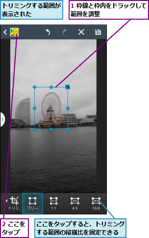1 枠線と枠内をドラッグして範囲を調整        ,2 ここをタップ  ,ここをタップすると、トリミングする範囲の縦横比を固定できる,トリミングする範囲が表示された    