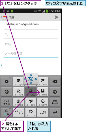 1［な］をロングタッチ,「ね」が入力される  ,な行の文字が表示された,２ 指を右にずらして離す