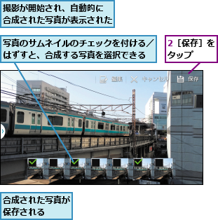 2［保存］をタップ  ,写真のサムネイルのチェックを付ける／はずすと、合成する写真を選択できる,合成された写真が保存される  ,撮影が開始され、自動的に　合成された写真が表示された