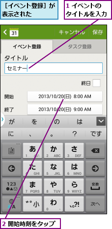 1 イベントのタイトルを入力,2 開始時刻をタップ,［イベント登録］が表示された    