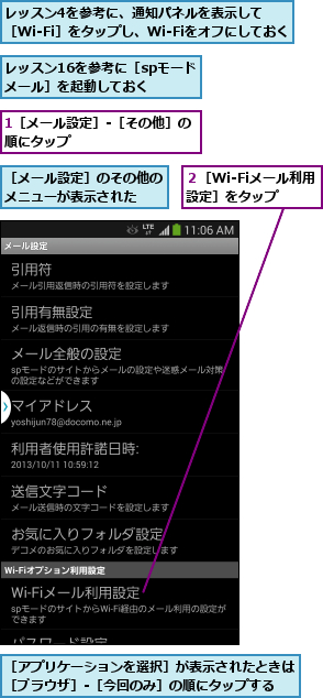 1［メール設定］‐［その他］の順にタップ          ,レッスン16を参考に［spモードメール］を起動しておく,レッスン4を参考に、通知パネルを表示して          ［Wi-Fi］をタップし、Wi-Fiをオフにしておく    ,２［Wi-Fiメール利用設定］をタップ,［アプリケーションを選択］が表示されたときは［ブラウザ］-［今回のみ］の順にタップする,［メール設定］のその他のメニューが表示された  