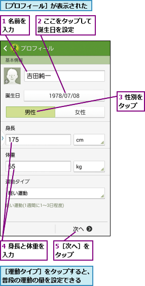 1 名前を入力  ,2 ここをタップして誕生日を設定    ,3 性別をタップ  ,4 身長と体重を入力      ,5［次へ］をタップ  ,［プロフィール］が表示された,［運動タイプ］をタップすると、普段の運動の量を設定できる  