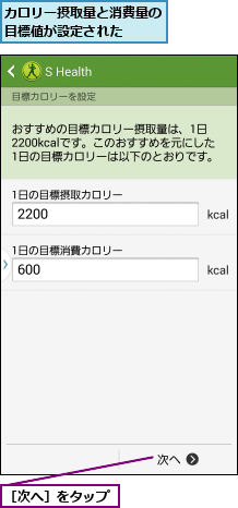 カロリー摂取量と消費量の目標値が設定された  ,［次へ］をタップ