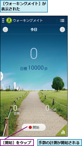 歩数の計測が開始される,［ウォーキングメイト］が表示された      ,［開始］をタップ