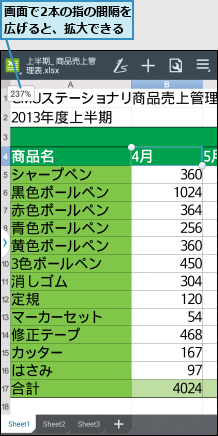 画面で2本の指の間隔を広げると、拡大できる