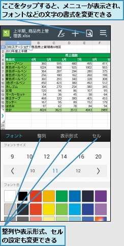 ここをタップすると、メニューが表示され、フォントなどの文字の書式を変更できる  ,整列や表示形式、セルの設定も変更できる