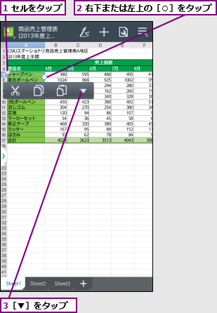 1 セルをタップ,2 右下または左上の［○］をタップ,3［▼］をタップ