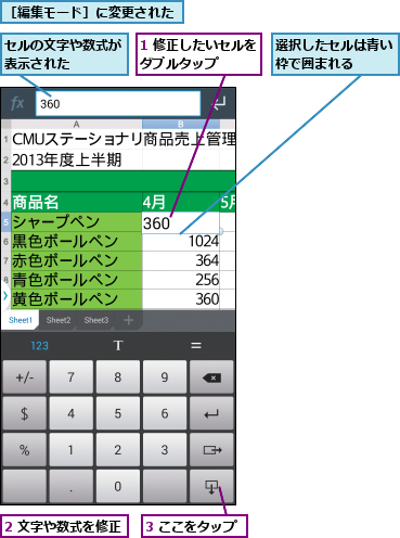 1 修正したいセルをダブルタップ    ,2 文字や数式を修正,3 ここをタップ,セルの文字や数式が表示された    ,選択したセルは青い枠で囲まれる  ,［編集モード］に変更された