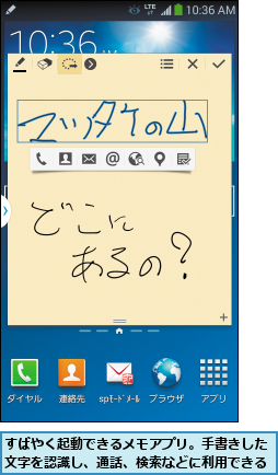 すばやく起動できるメモアプリ。手書きした文字を認識し、通話、検索などに利用できる