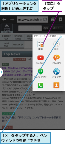 ［×］をタップすると、ペンウィンドウを終了できる  ,［アプリケーションを選択］が表示された,［電卓］をタップ  