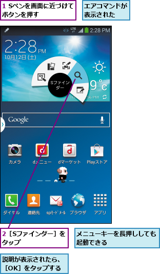 1 Sペンを画面に近づけてボタンを押す    ,2［Sファインダー］をタップ      ,エアコマンドが表示された  ,メニューキーを長押ししても起動できる        ,説明が表示されたら、［OK］をタップする
