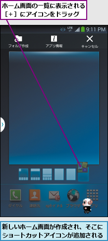 ホーム画面の一覧に表示される［＋］にアイコンをドラッグ,新しいホーム画面が作成され、そこにショートカットアイコンが追加される