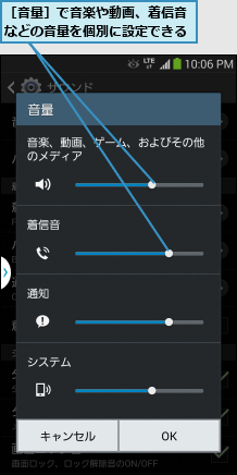 ［音量］で音楽や動画、着信音などの音量を個別に設定できる