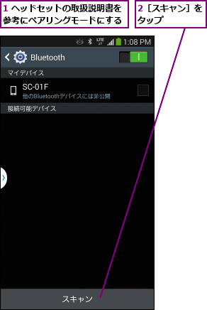 1 ヘッドセットの取扱説明書を参考にペアリングモードにする,2［スキャン］をタップ    