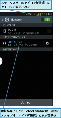 ステータスバーのアイコンが接続中のアイコンに変更された      ,接続が完了したBluetooth機器には［電話とメディアオーディオに接続］と表示される