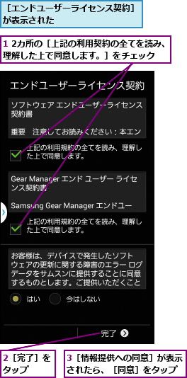 1 2カ所の［上記の利用契約の全てを読み、理解した上で同意します。］をチェック,2［完了］をタップ  ,3［情報提供への同意］が表示されたら、［同意］をタップ,［エンドユーザーライセンス契約］が表示された          