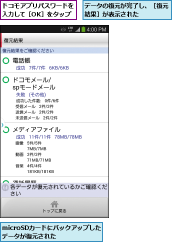 microSDカードにバックアップしたデータが復元された    ,データの復元が完了し、［復元結果］が表示された    ,ドコモアプリパスワードを入力して［OK］をタップ