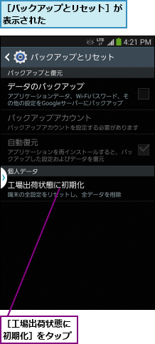 ［バックアップとリセット］が表示された        ,［工場出荷状態に初期化］をタップ