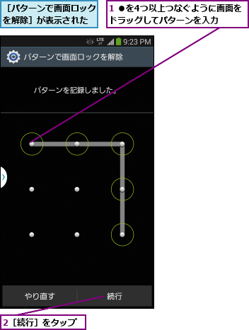 1 ●を4つ以上つなぐように画面をドラッグしてパターンを入力  ,2［続行］をタップ,［パターンで画面ロックを解除］が表示された