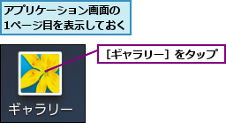 アプリケーション画面の　1ページ目を表示しておく,［ギャラリー］をタップ