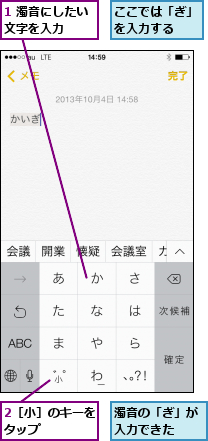 1 濁音にしたい文字を入力  ,2［小］のキーをタップ    ,ここでは「ぎ」を入力する  ,濁音の「ぎ」が入力できた  