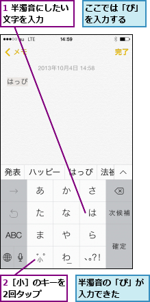 1 半濁音にしたい文字を入力   ,2［小］のキーを2回タップ  ,ここでは「ぴ」を入力する  ,半濁音の「ぴ」が入力できた  
