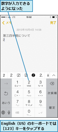 English（US）のキーボードでは［123］キーをタップする,数字が入力できるようになった  