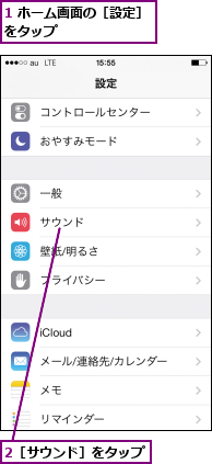 1 ホーム画面の［設定］をタップ        ,2［サウンド］をタップ