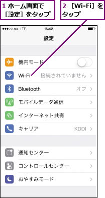 1 ホーム画面で［設定］をタップ,2 ［Wi-Fi］をタップ  